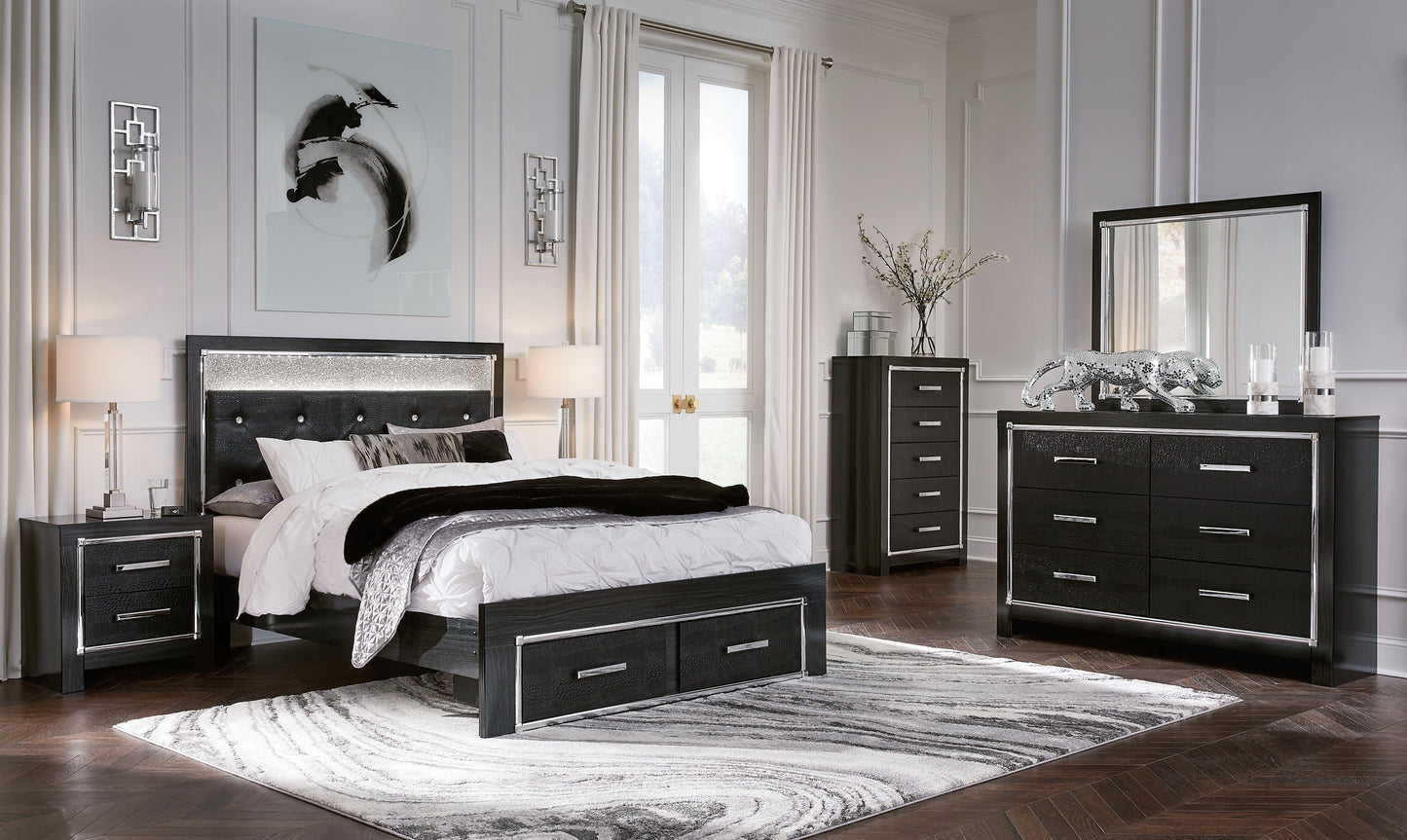 Kaydell Queen Upholstered Panel Storage Bed with Mirrored Dresser, Chest and 2 Nightstands