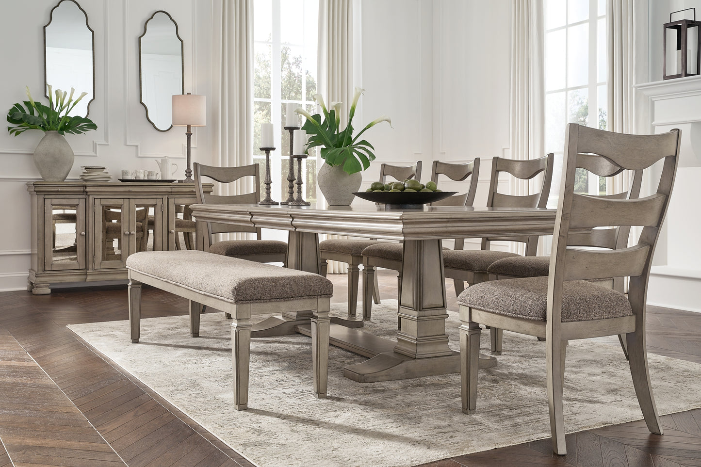 Lexorne Dining Table and 4 Chairs and Bench with Storage